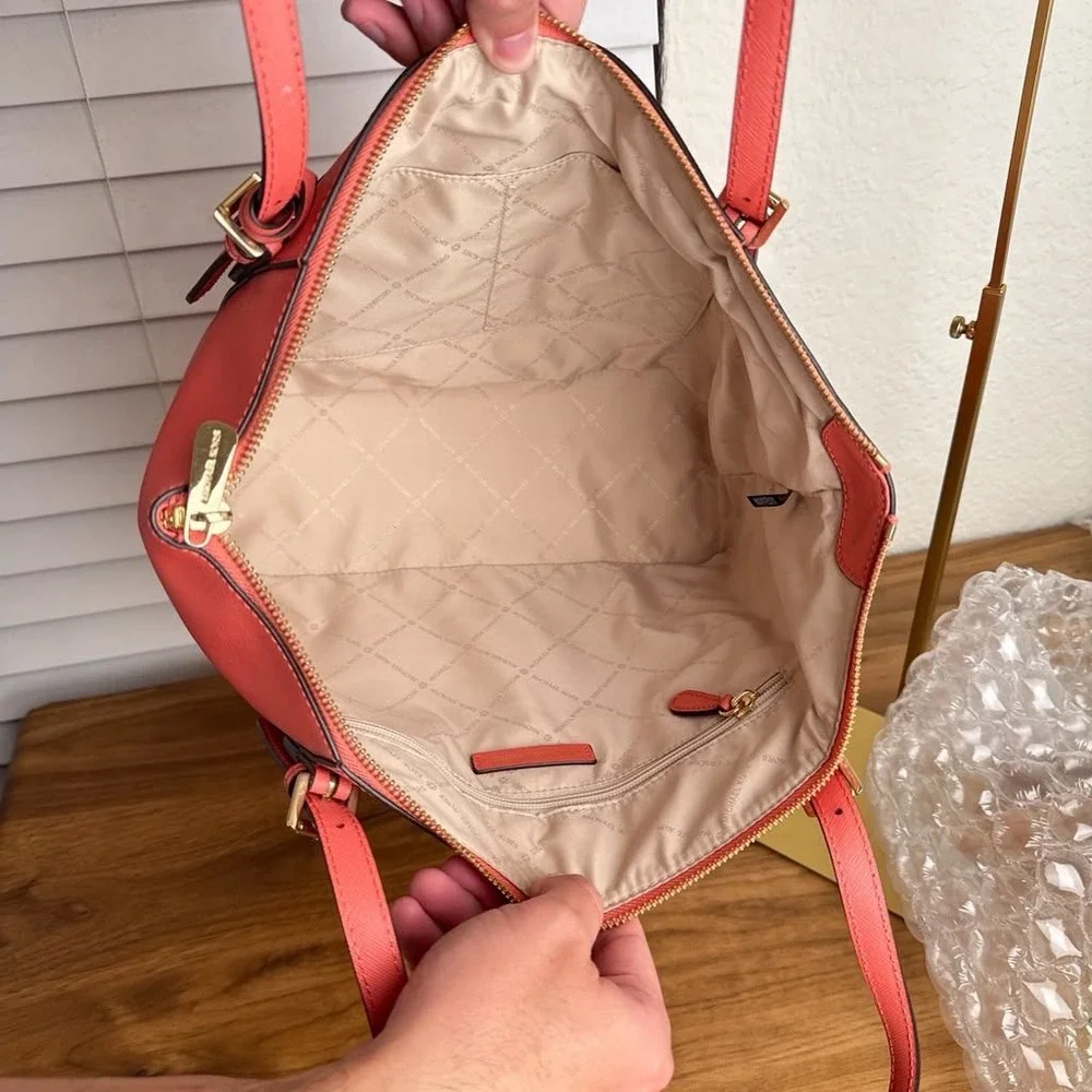 Michael Kors Ciara Large East West Top Zip Tote Saffiano Leather Coral Pink
